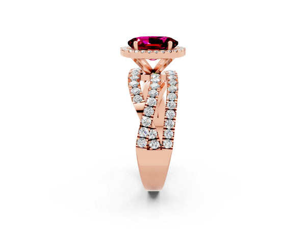 Rose gold Oval Cut Garnet Halo Ring with Round Split Shank and Prong Setting