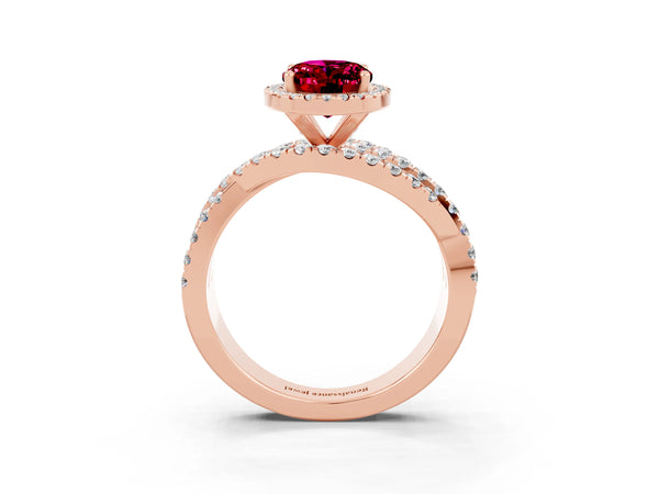 Rose gold Oval Cut Garnet Halo Ring with Round Split Shank and Prong Setting