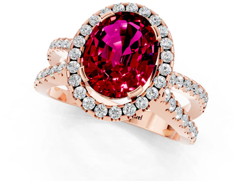 Rose gold Oval Cut Garnet Halo Ring with Split Shank Pavé Band and Prong Setting_1