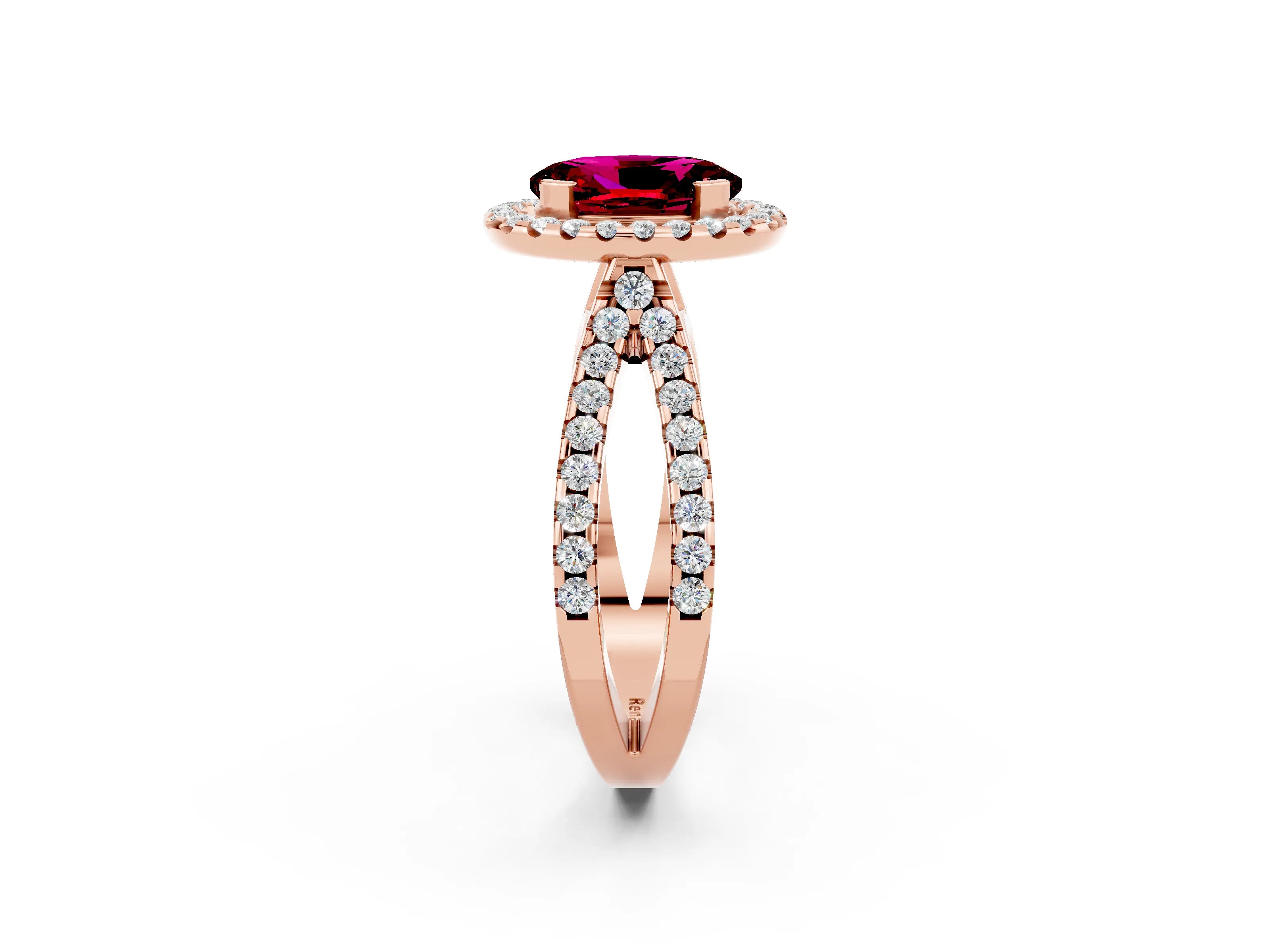 Rose gold Oval Cut Garnet Halo Ring with Split Shank Pavé Band and Prong Setting_2