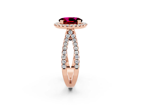 Rose gold Oval Cut Garnet Halo Ring with Split Shank Pavé Band and Prong Setting