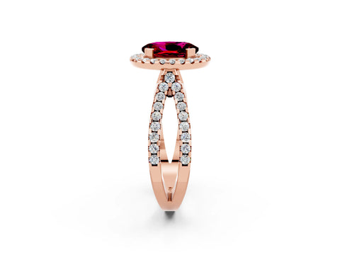 Rose gold Oval Cut Garnet Halo Ring with Split Shank Pavé Band and Prong Setting_2