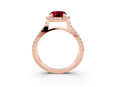 Rose gold Oval Cut Garnet Halo Ring with Split Shank Pavé Band and Prong Setting_3