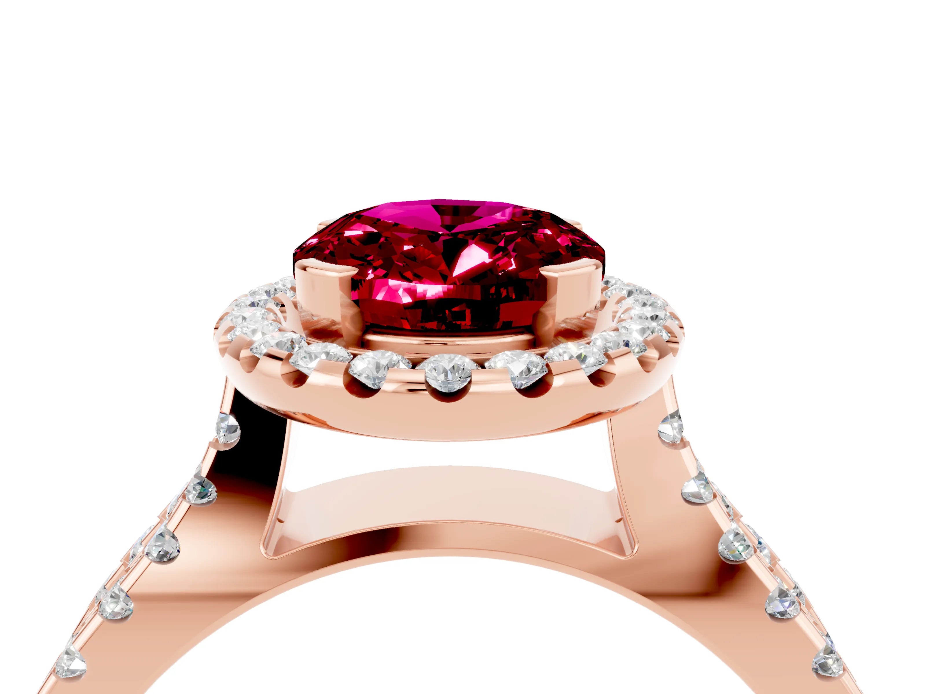 Rose gold Oval Cut Garnet Halo Ring with Split Shank Pavé Band and Prong Setting_4