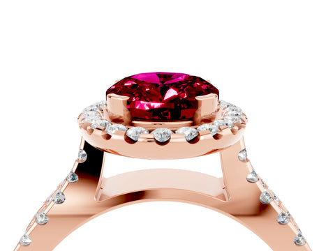 Rose gold Oval Cut Garnet Halo Ring with Split Shank Pavé Band and Prong Setting_4
