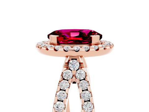 Rose gold Oval Cut Garnet Halo Ring with Split Shank Pavé Band and Prong Setting_5