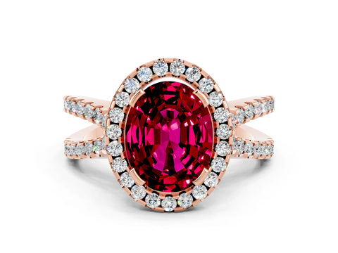 Rose gold Oval Cut Garnet Halo Ring with Split Shank Pavé Band and Prong Setting