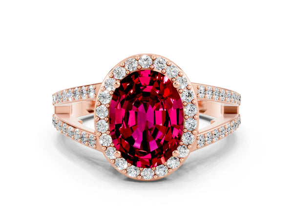 Rose gold Oval Cut Garnet Halo Ring with Split Shank U-Prong Band and Four-Prong Setting