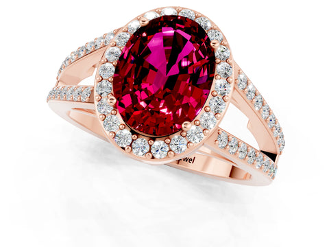 Rose gold Oval Cut Garnet Halo Ring with Split Shank U-Prong Band and Four-Prong Setting_1