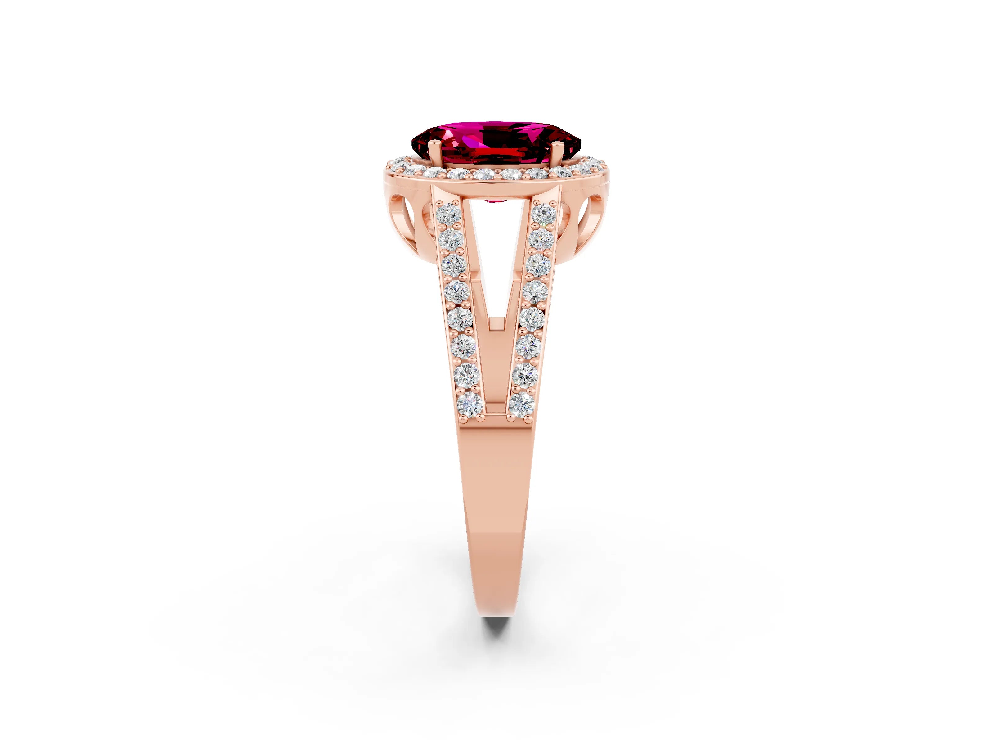 Rose gold Oval Cut Garnet Halo Ring with Split Shank U-Prong Band and Four-Prong Setting_2
