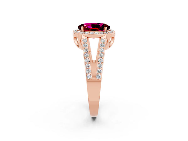 Rose gold Oval Cut Garnet Halo Ring with Split Shank U-Prong Band and Four-Prong Setting