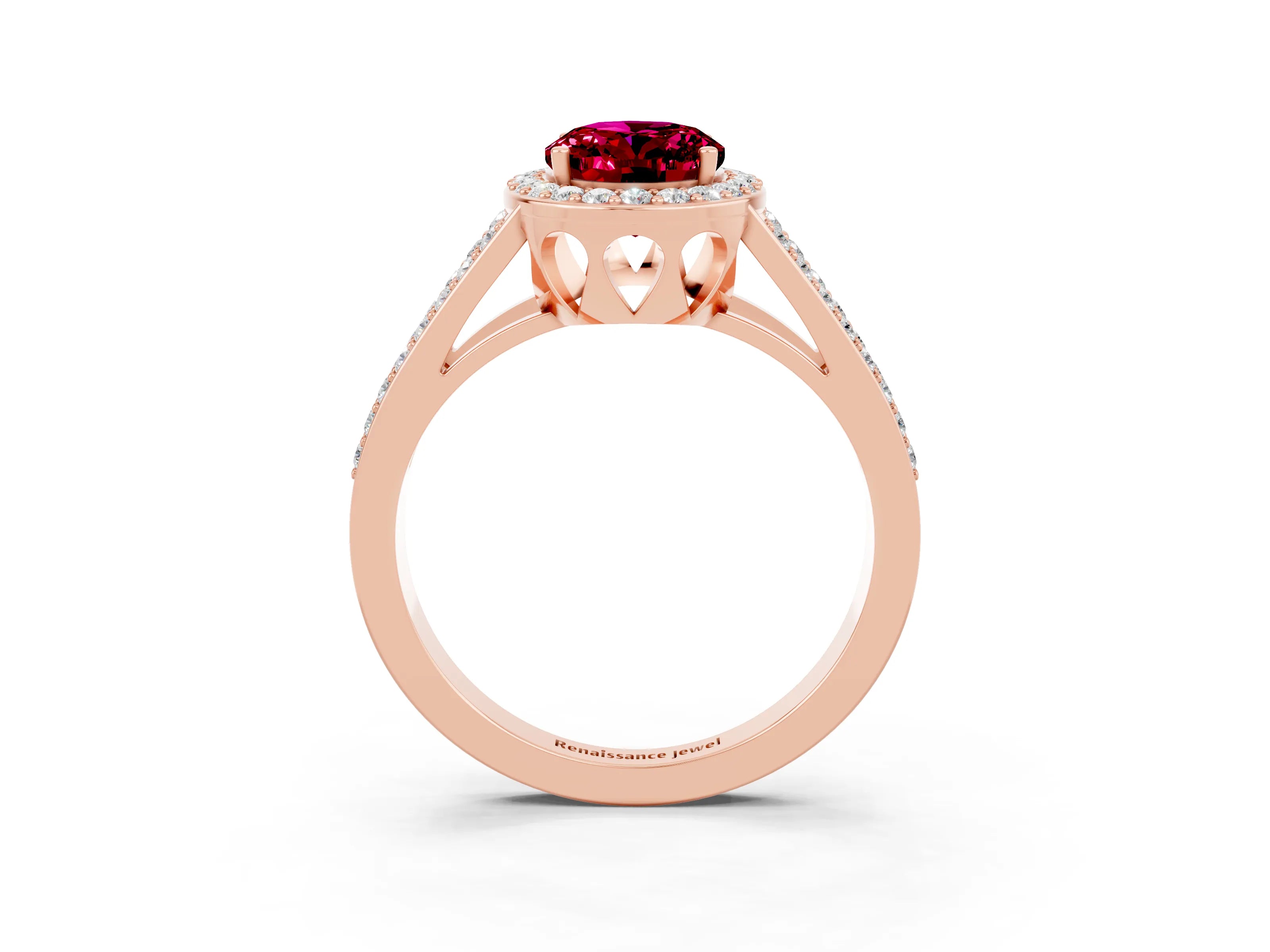 Rose gold Oval Cut Garnet Halo Ring with Split Shank U-Prong Band and Four-Prong Setting_3