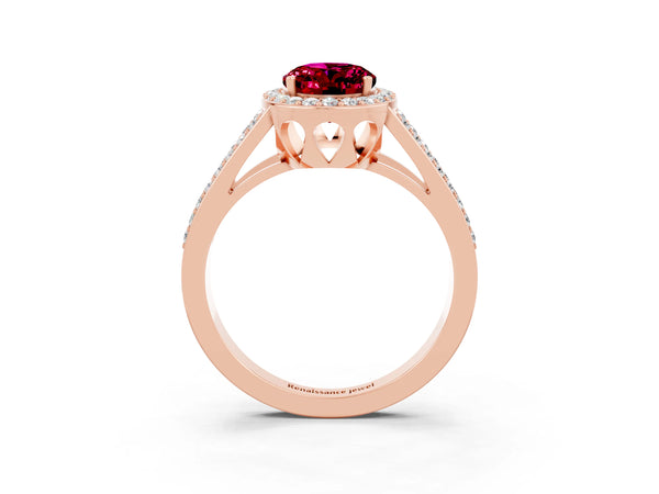 Rose gold Oval Cut Garnet Halo Ring with Split Shank U-Prong Band and Four-Prong Setting