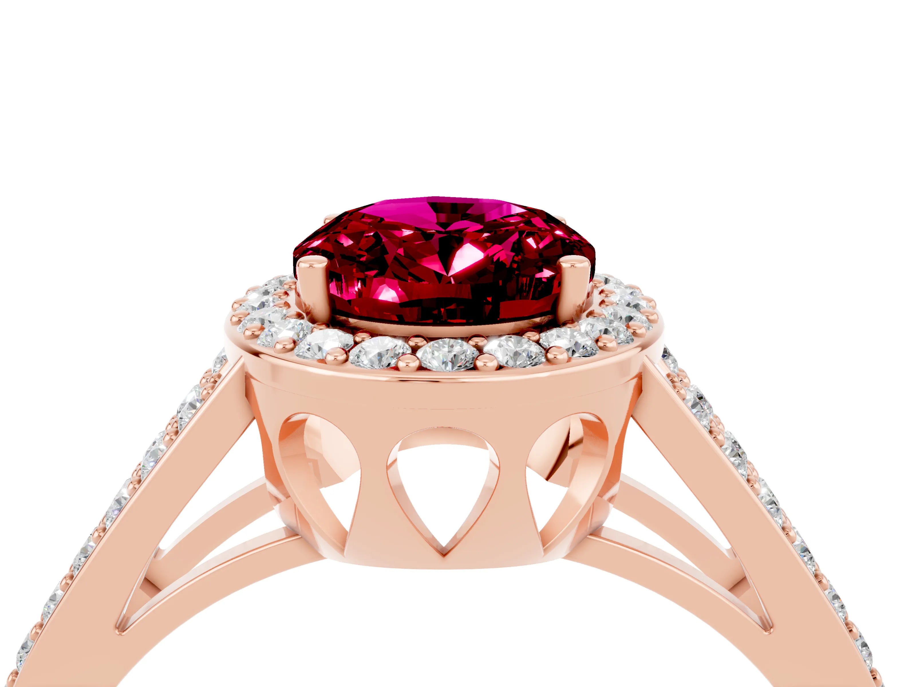 Rose gold Oval Cut Garnet Halo Ring with Split Shank U-Prong Band and Four-Prong Setting_4