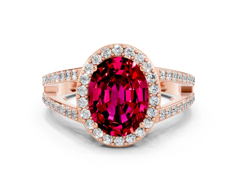 Rose gold Oval Cut Garnet Halo Ring with Split Shank U-Prong Band and Four-Prong Setting