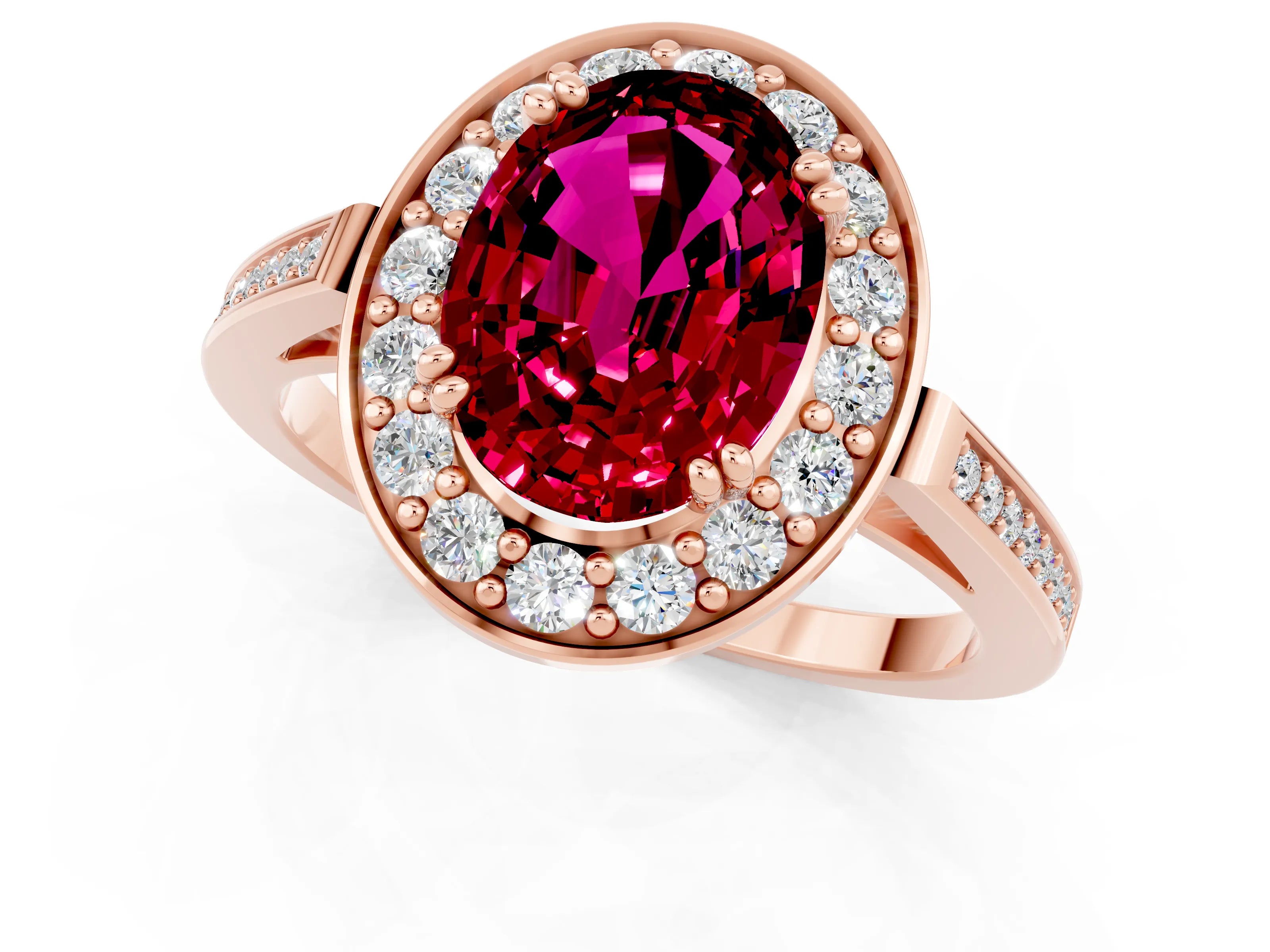 Rose gold Oval Cut Garnet Halo Ring with Split Shank and Four-Prong Setting_1