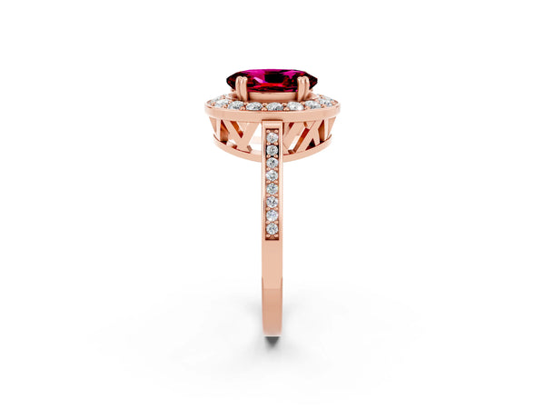 Rose gold Oval Cut Garnet Halo Ring with Split Shank and Four-Prong Setting