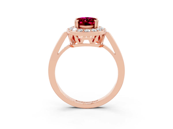 Rose gold Oval Cut Garnet Halo Ring with Split Shank and Four-Prong Setting