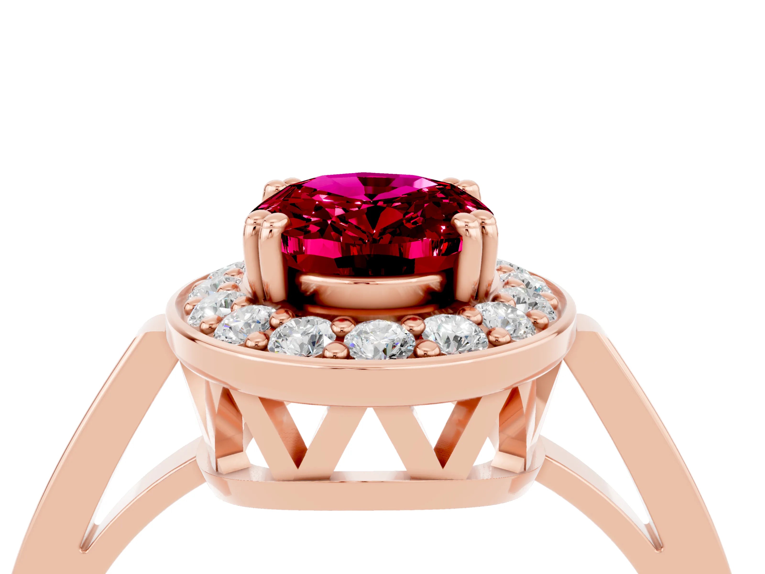 Rose gold Oval Cut Garnet Halo Ring with Split Shank and Four-Prong Setting_4