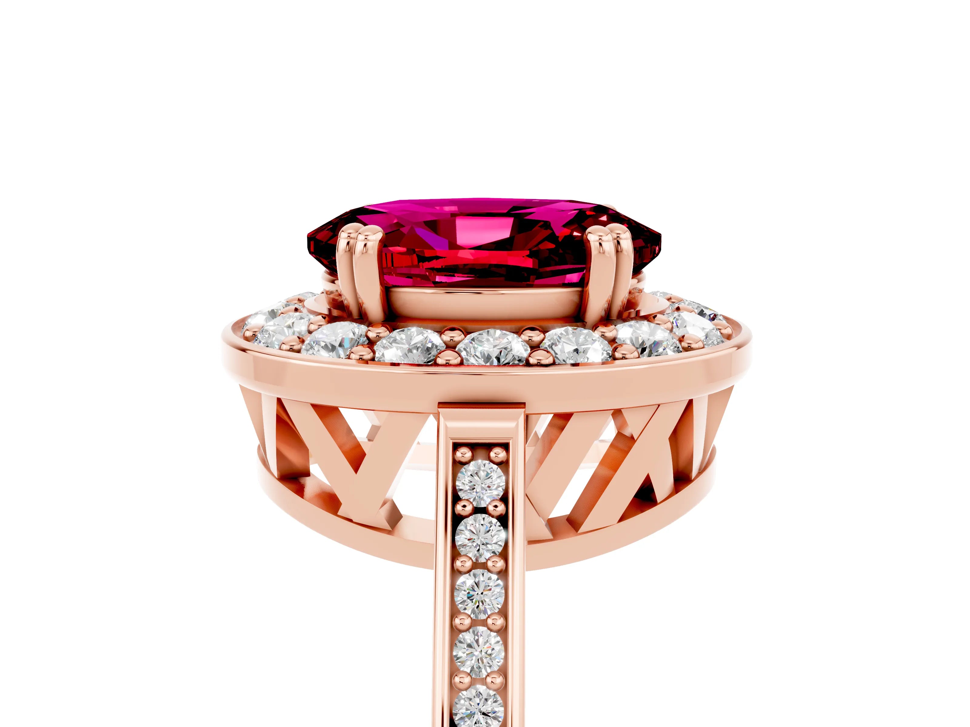 Rose gold Oval Cut Garnet Halo Ring with Split Shank and Four-Prong Setting_5