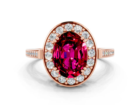 Rose gold Oval Cut Garnet Halo Ring with Split Shank and Four-Prong Setting