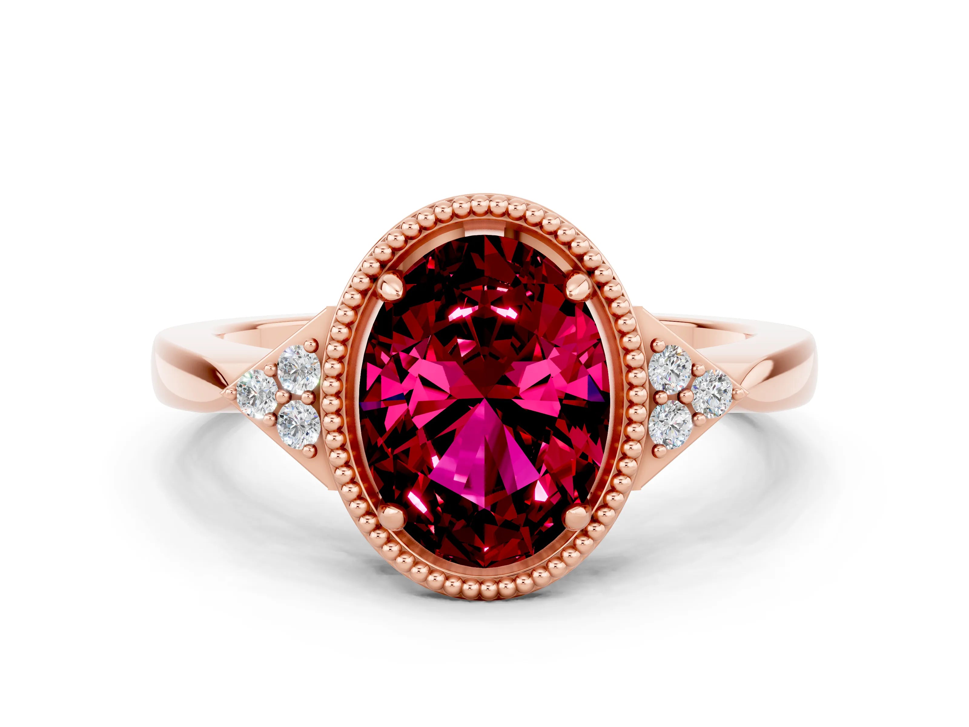Rose gold Oval Cut Garnet Halo Ring with Tapered Band and Four-Prong Setting