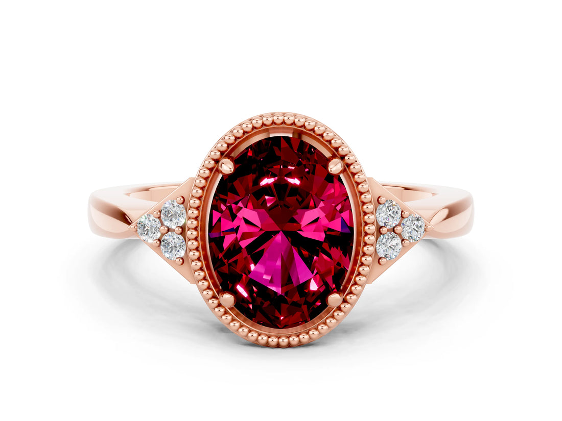 Rose gold Oval Cut Garnet Halo Ring with Tapered Band and Four-Prong Setting