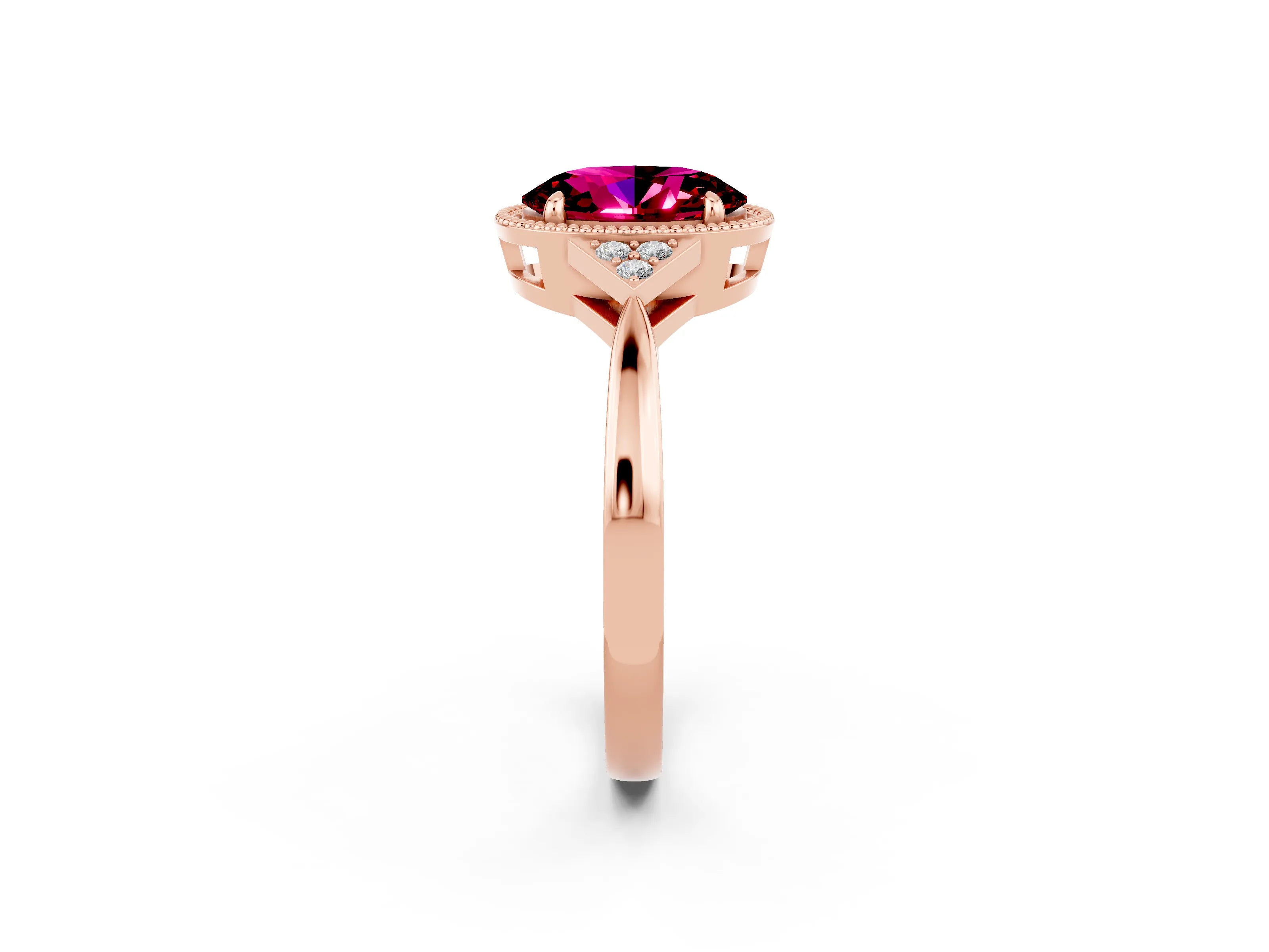 Rose gold Oval Cut Garnet Halo Ring with Tapered Band and Four-Prong Setting_2