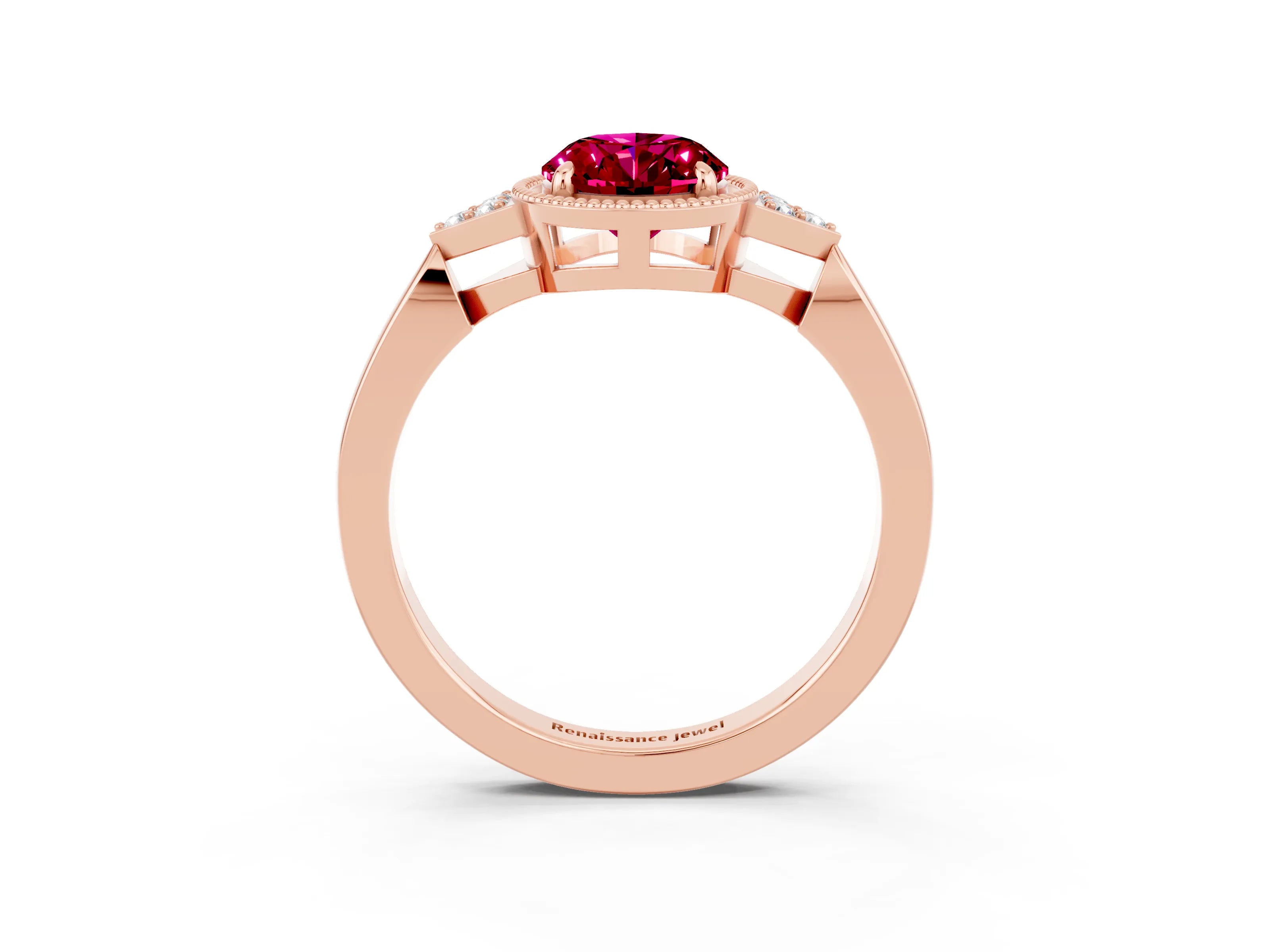 Rose gold Oval Cut Garnet Halo Ring with Tapered Band and Four-Prong Setting_3