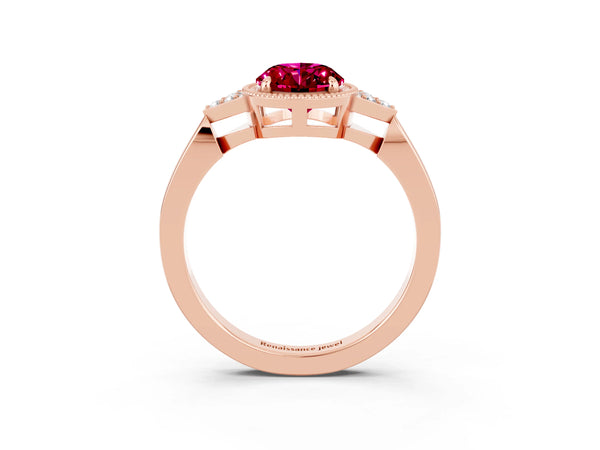 Rose gold Oval Cut Garnet Halo Ring with Tapered Band and Four-Prong Setting