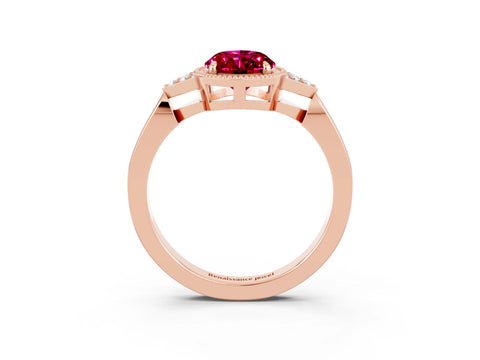 Rose gold Oval Cut Garnet Halo Ring with Tapered Band and Four-Prong Setting_3