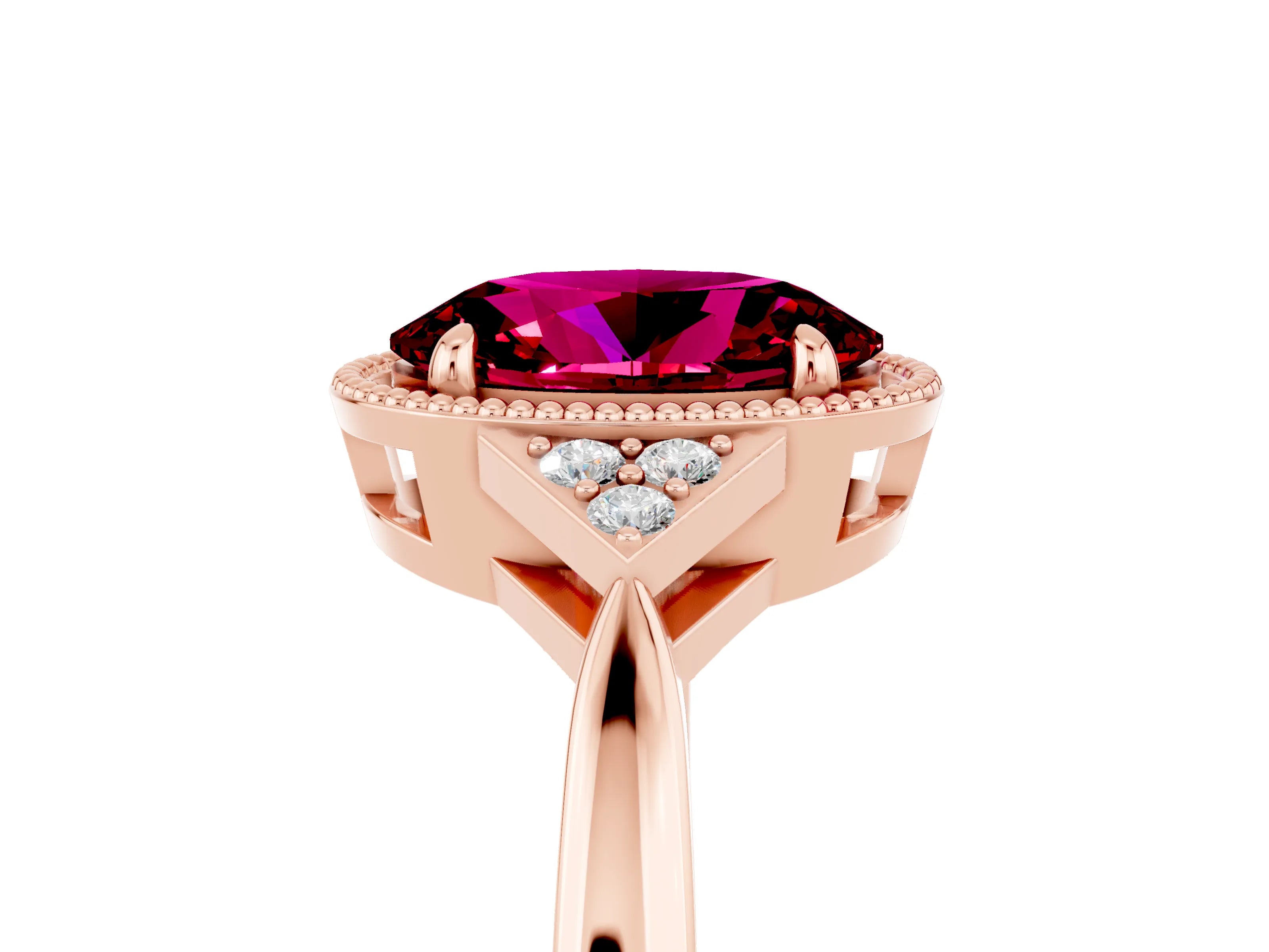 Rose gold Oval Cut Garnet Halo Ring with Tapered Band and Four-Prong Setting_5