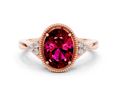 Rose gold Oval Cut Garnet Halo Ring with Tapered Band and Four-Prong Setting