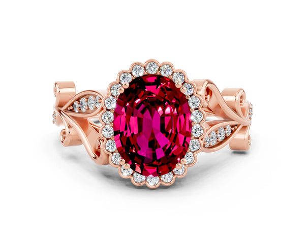 Rose gold Oval Cut Garnet Halo Ring with Vintage Split Shank and Four-Prong Setting