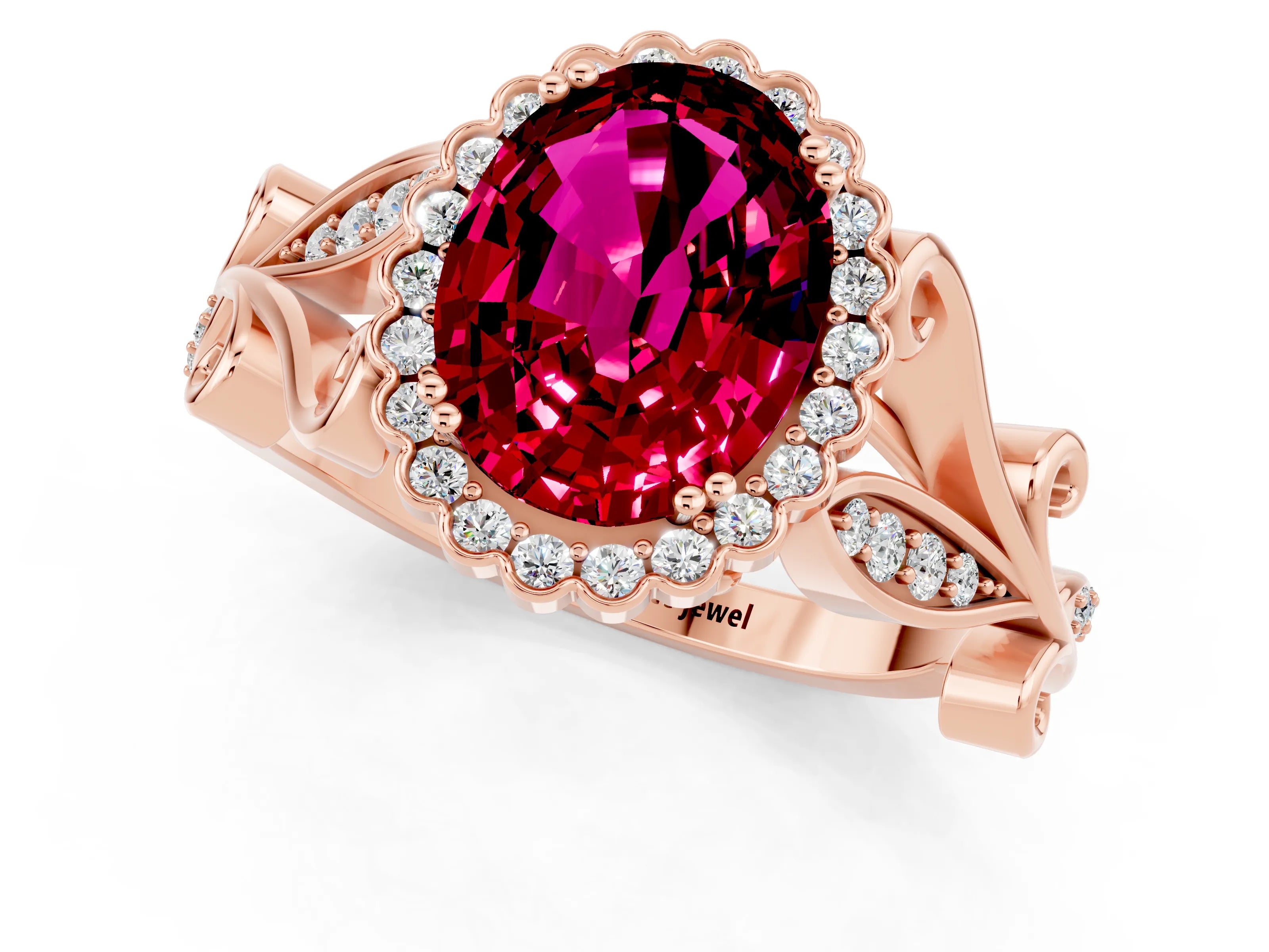 Rose gold Oval Cut Garnet Halo Ring with Vintage Split Shank and Four-Prong Setting_1