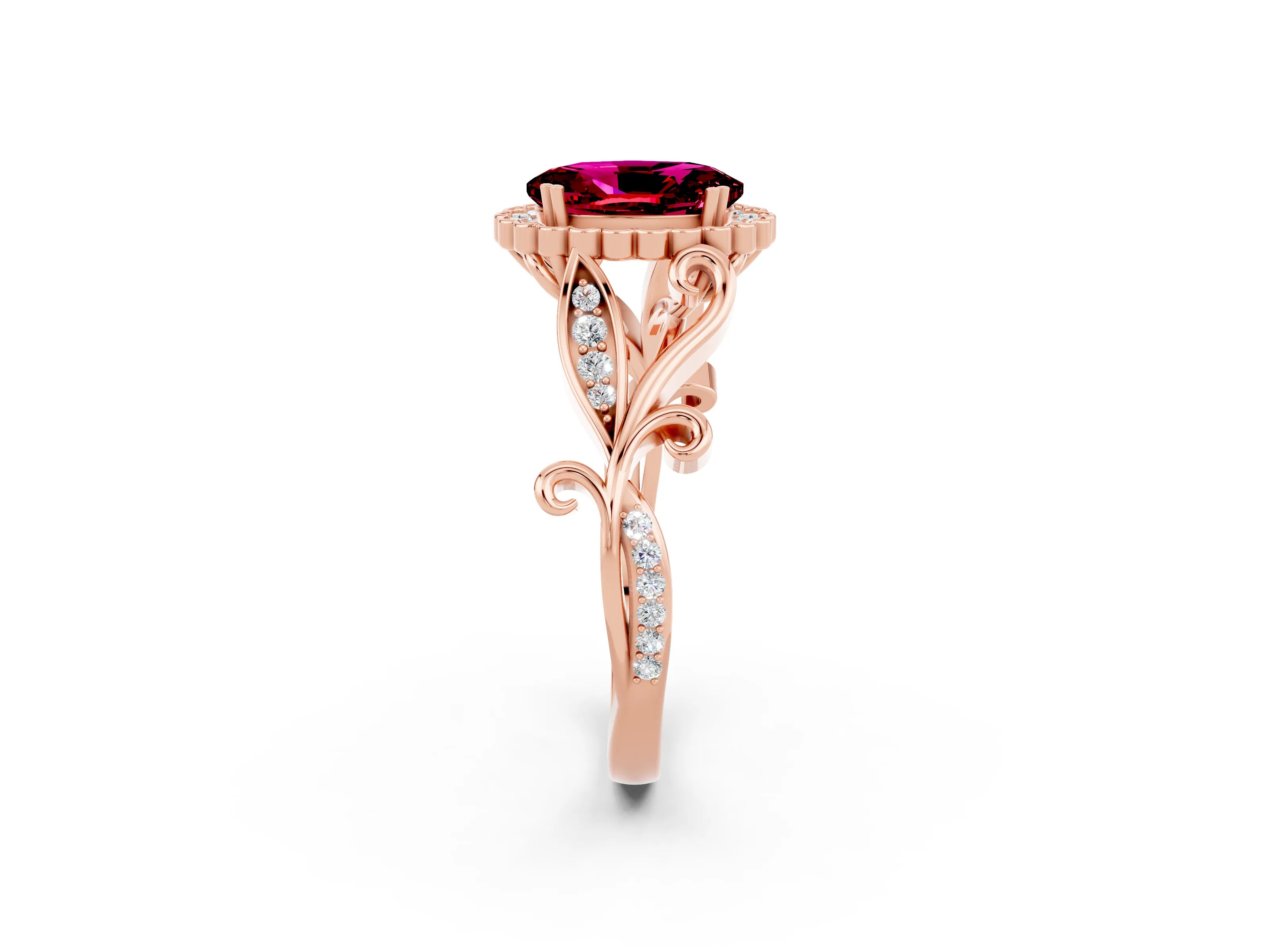 Rose gold Oval Cut Garnet Halo Ring with Vintage Split Shank and Four-Prong Setting_2