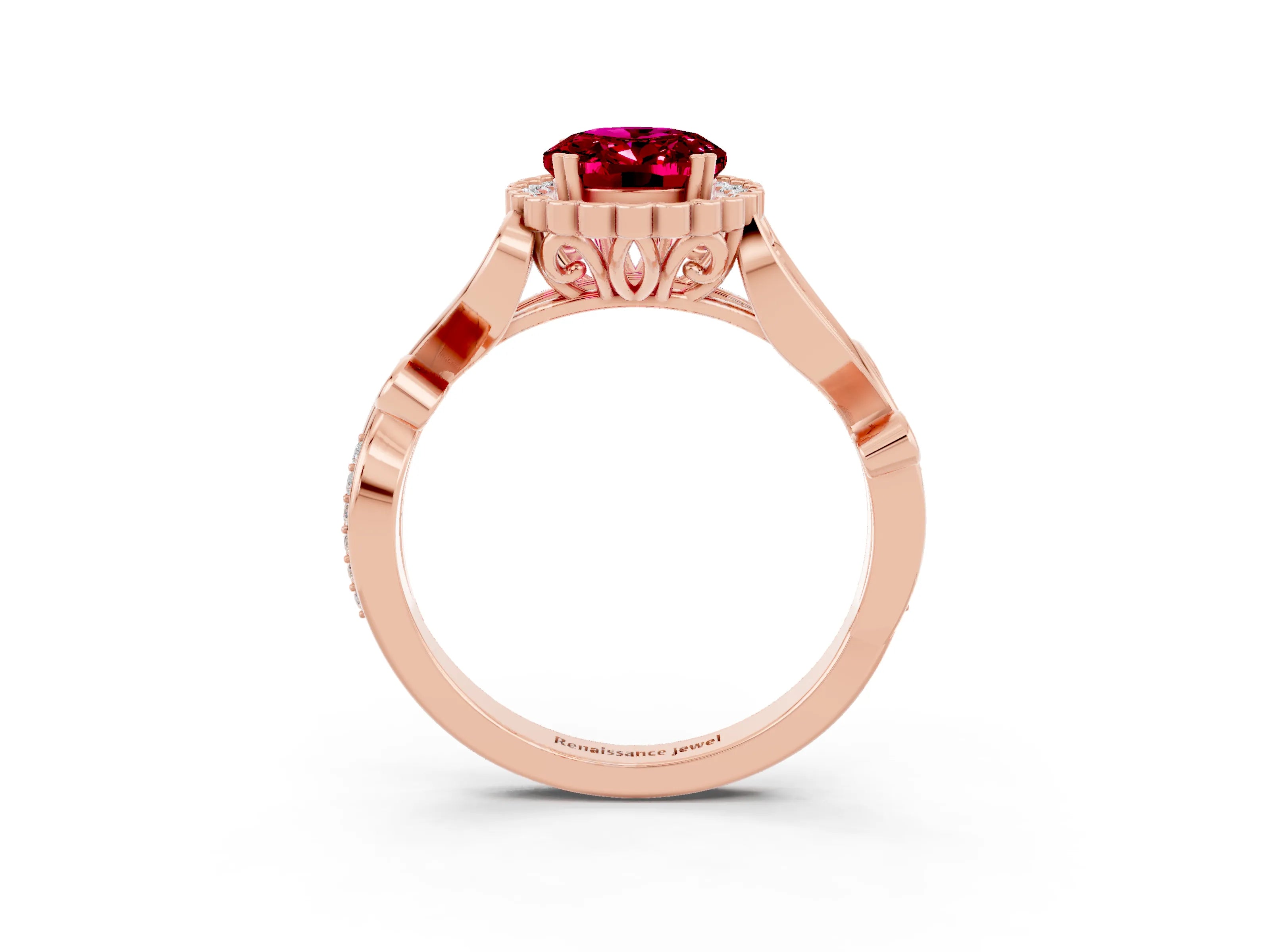 Rose gold Oval Cut Garnet Halo Ring with Vintage Split Shank and Four-Prong Setting_3