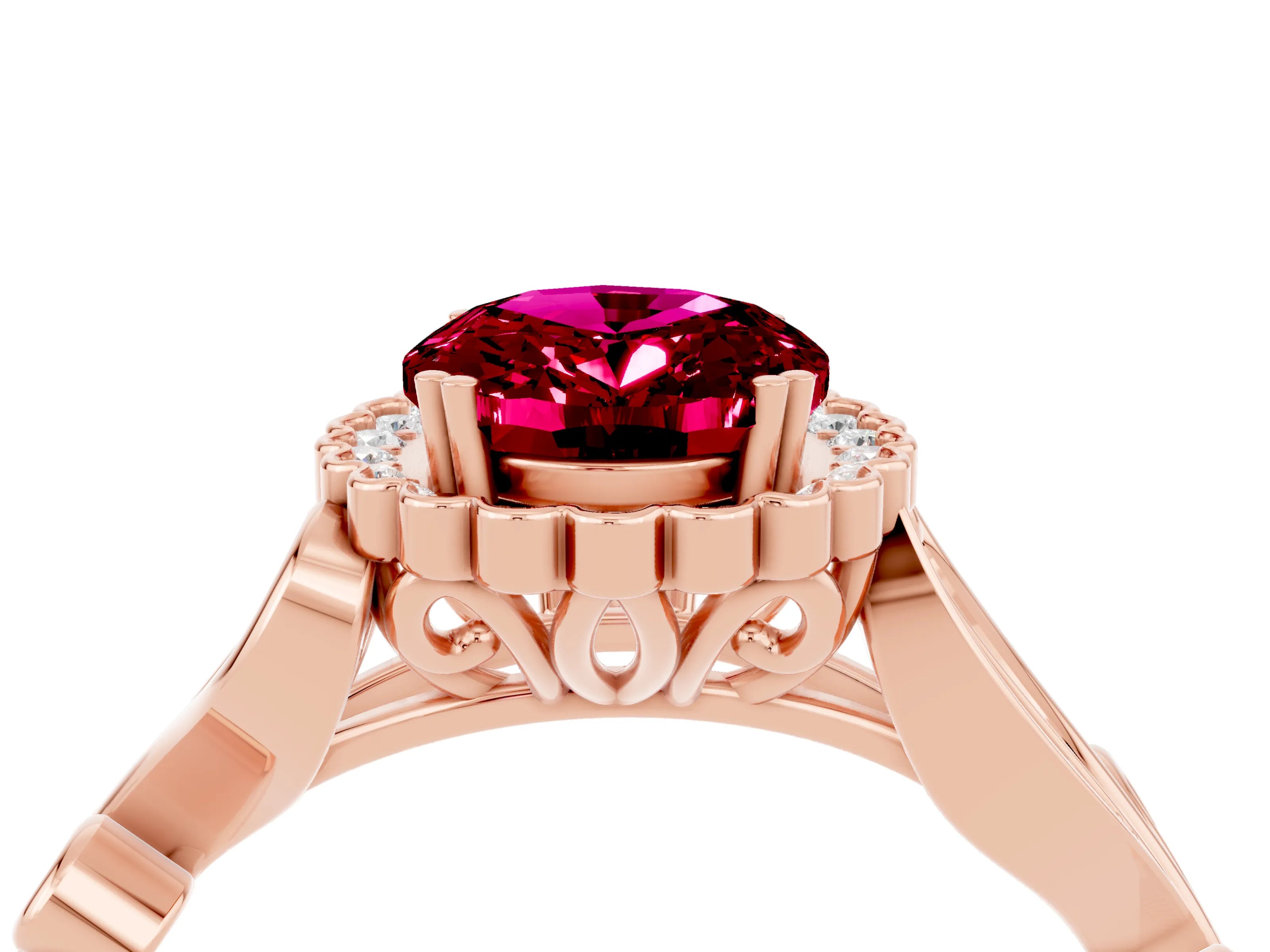 Rose gold Oval Cut Garnet Halo Ring with Vintage Split Shank and Four-Prong Setting_4