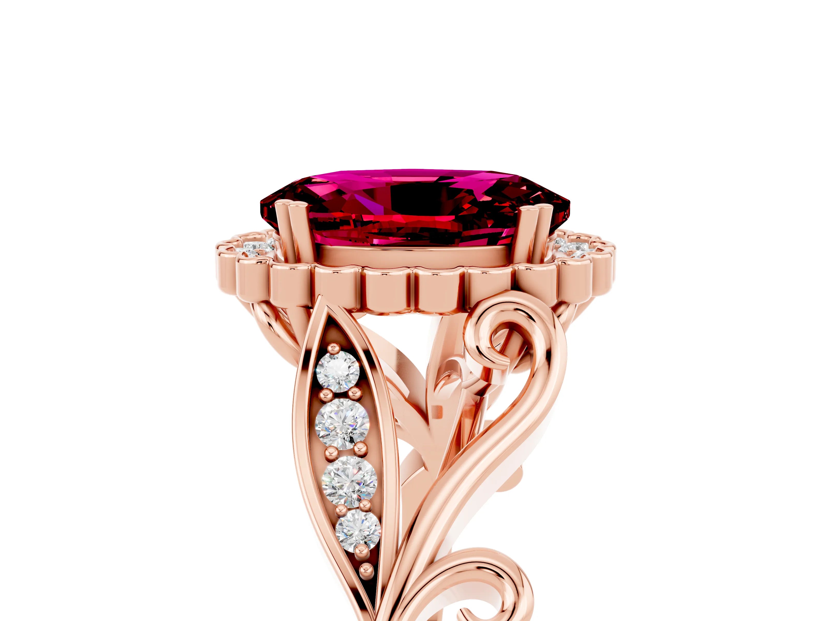 Rose gold Oval Cut Garnet Halo Ring with Vintage Split Shank and Four-Prong Setting_5