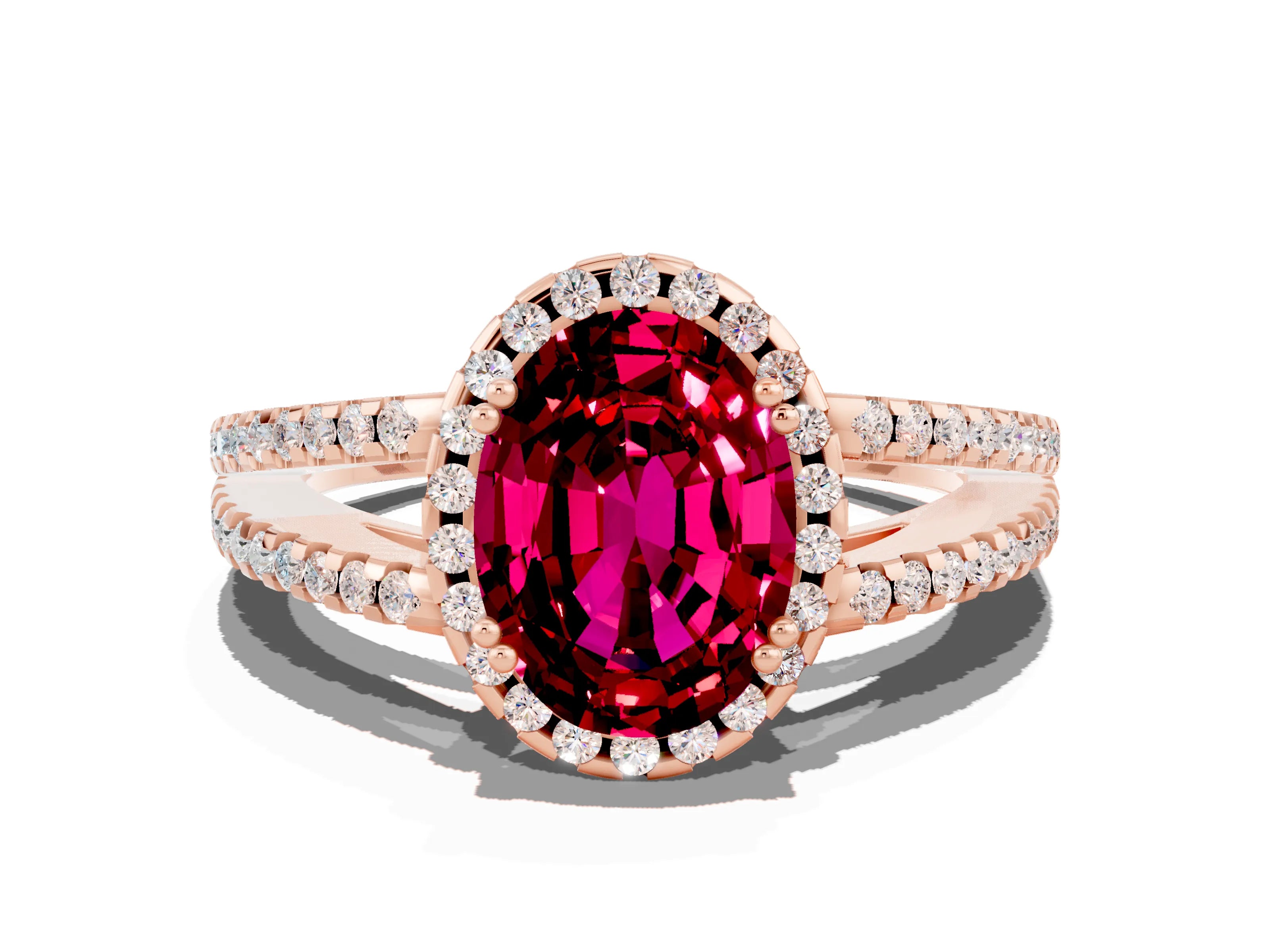Rose gold Oval Cut Garnet Halo Split Shank Engagement Ring_12