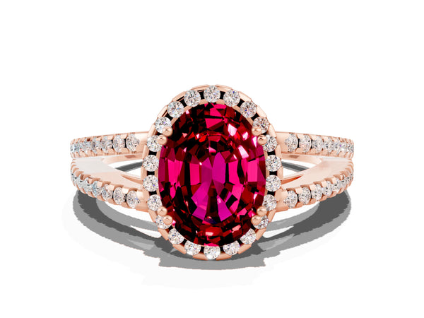 Rose gold Oval Cut Garnet Halo Split Shank Engagement Ring