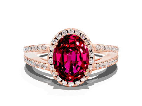 Rose gold Oval Cut Garnet Halo Split Shank Engagement Ring_12