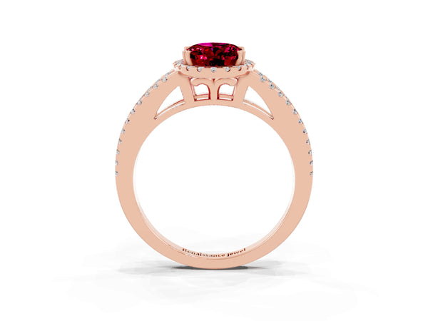 Rose gold Oval Cut Garnet Halo Split Shank Engagement Ring