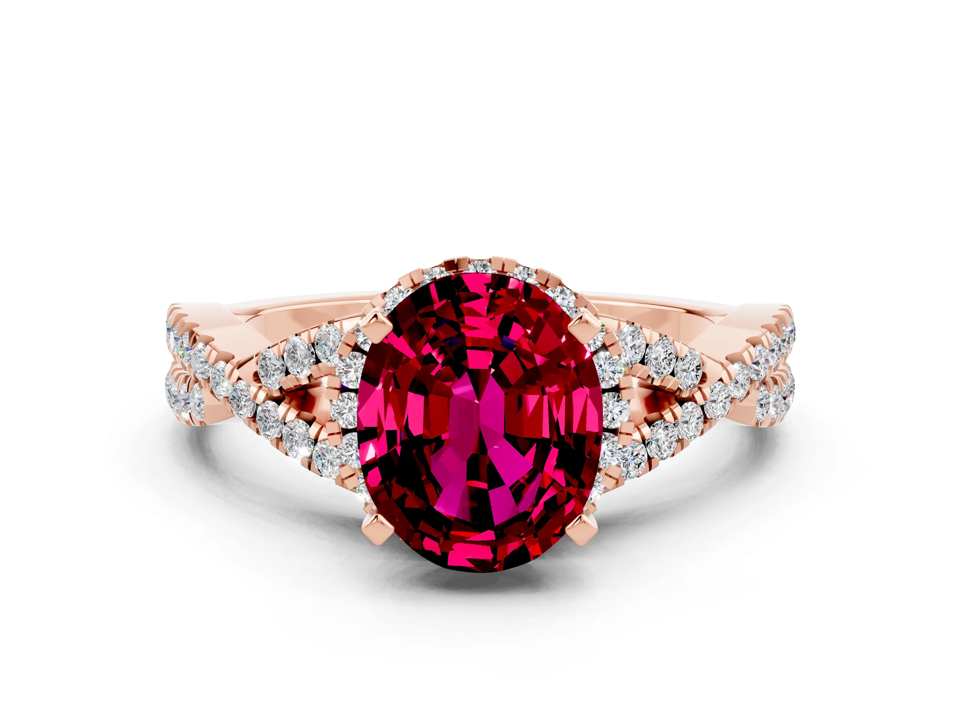 Rose gold Oval Cut Garnet Halo Twist Band Solitaire Prong Setting Ring