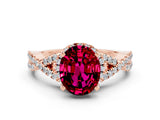 Rose gold Oval Cut Garnet Halo Twist Band Solitaire Prong Setting Ring