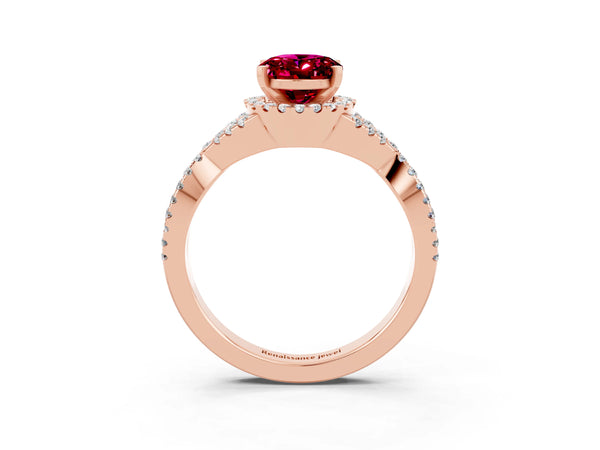 Rose gold Oval Cut Garnet  Halo Twist Band Solitaire Prong Setting Ring