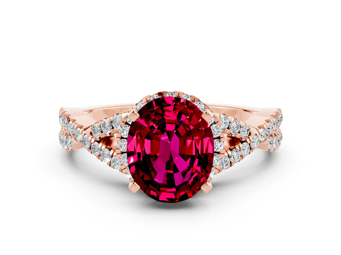 Rose gold Oval Cut Garnet  Halo Twist Band Solitaire Prong Setting Ring_42