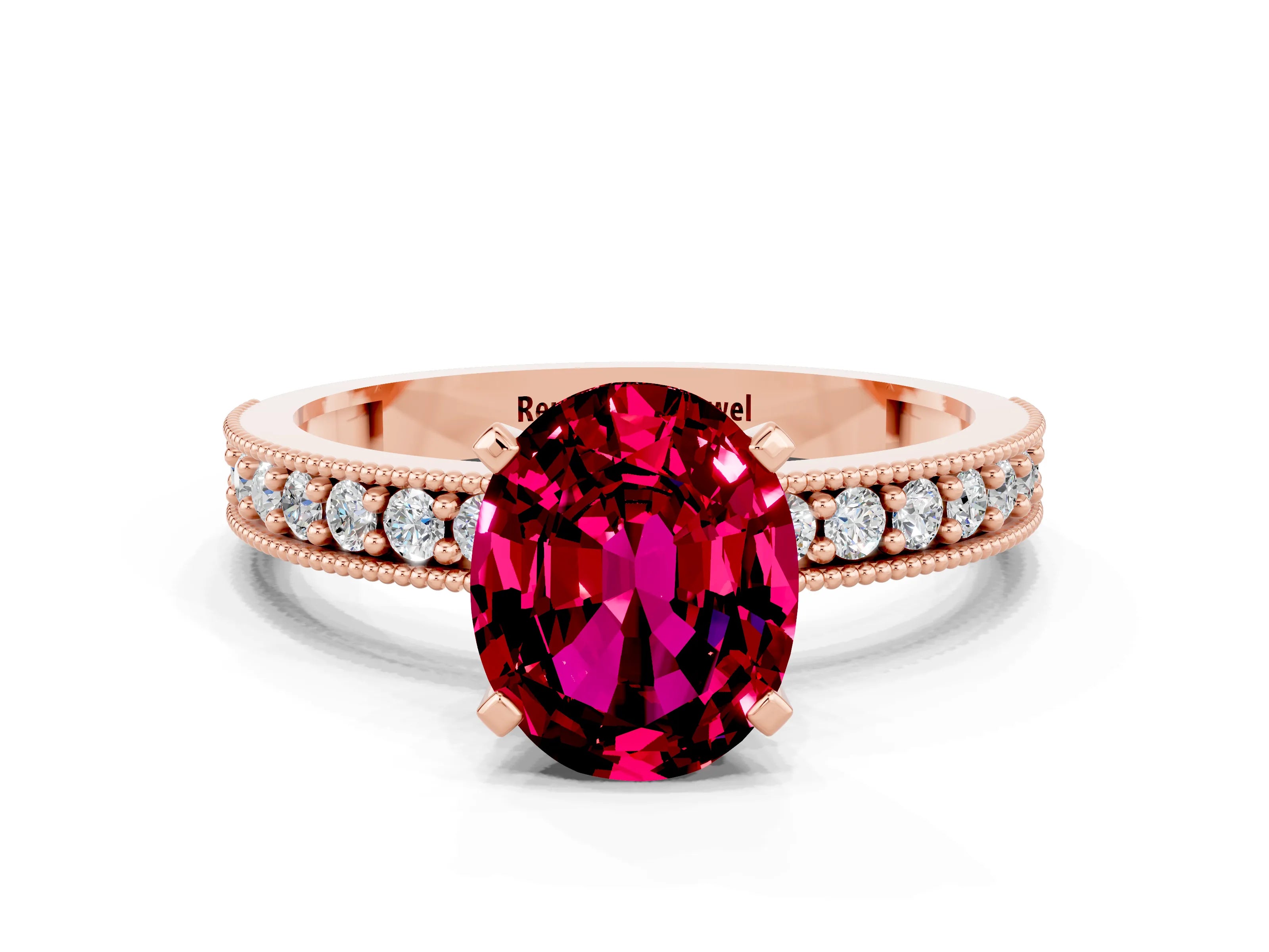 Rose gold Oval Cut Garnet Milgrain Pavé Engagement Ring with Four-Prong Setting_12