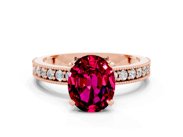 Rose gold Oval Cut Garnet Milgrain Pavé Engagement Ring with Four-Prong Setting