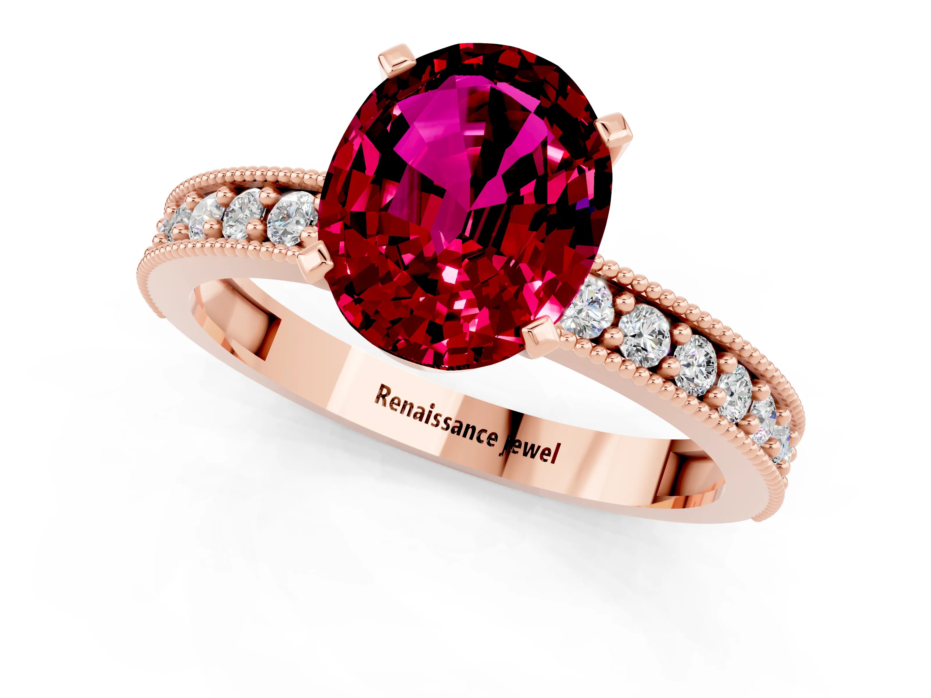 Rose gold Oval Cut Garnet Milgrain Pavé Engagement Ring with Four-Prong Setting_13